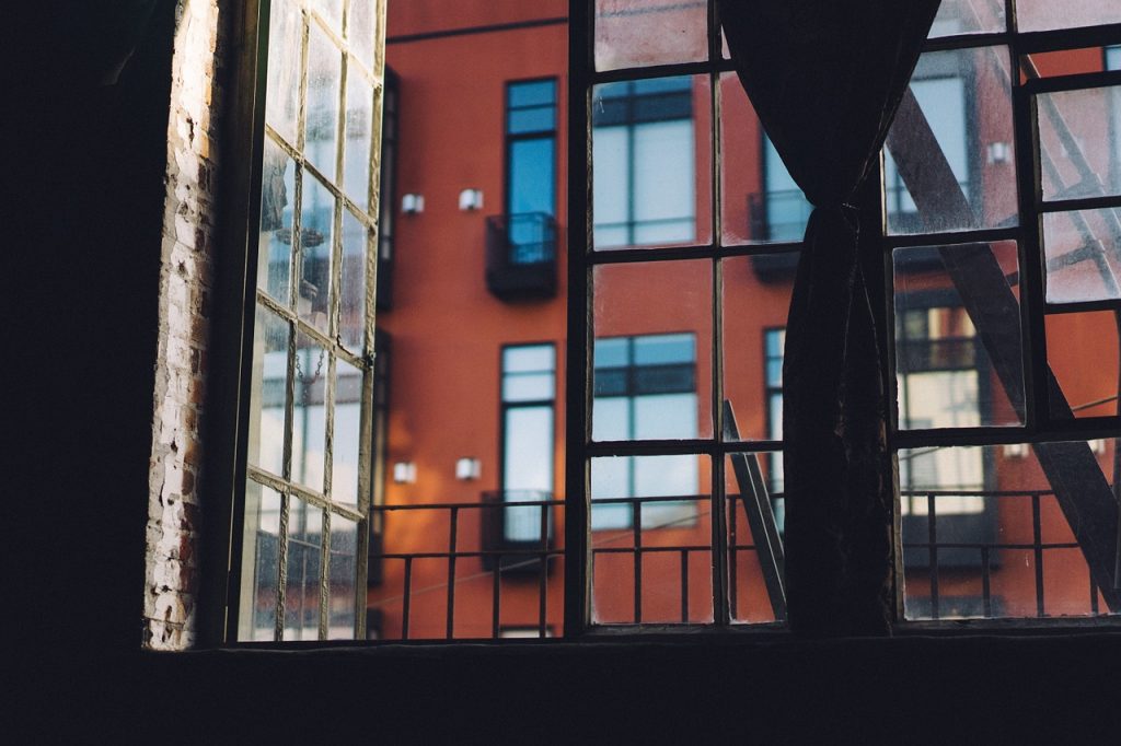 a building with red windows