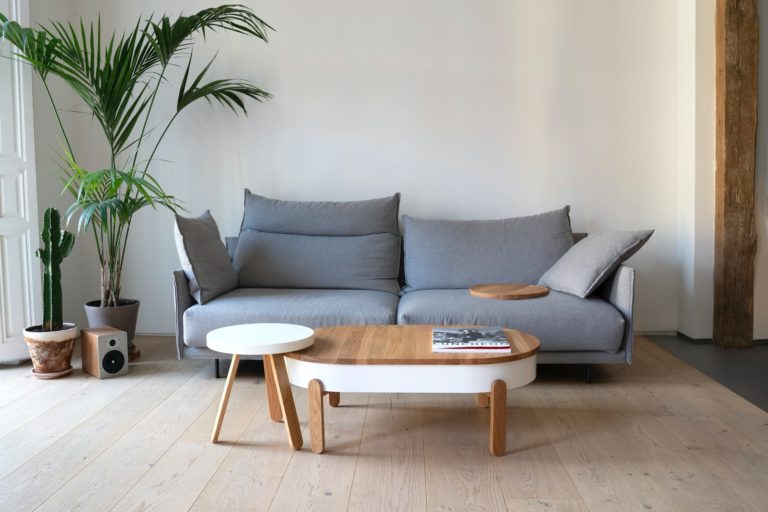 a couch and coffee table in a room