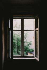 a window with a tree outside