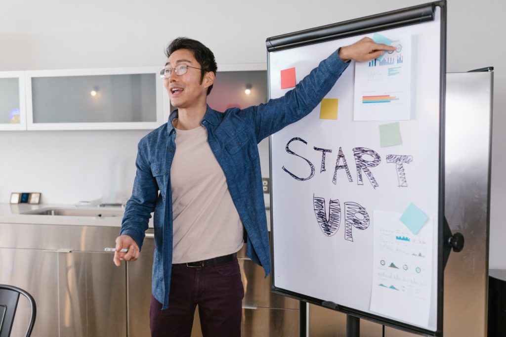 a person pointing at a whiteboard