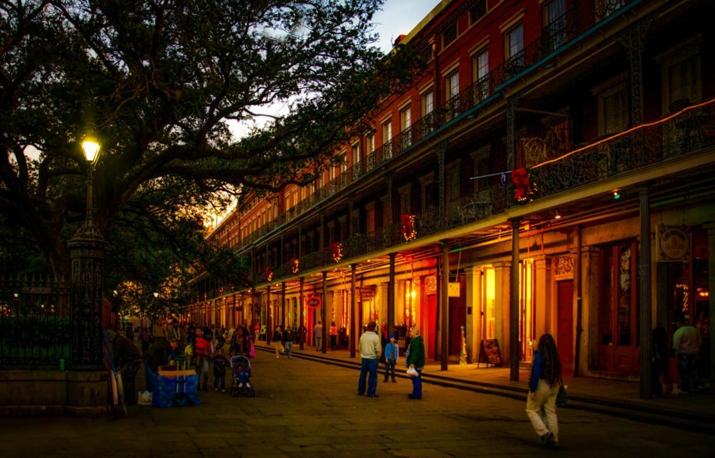 a street with people walking around