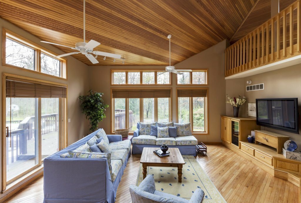 a living room with a large window