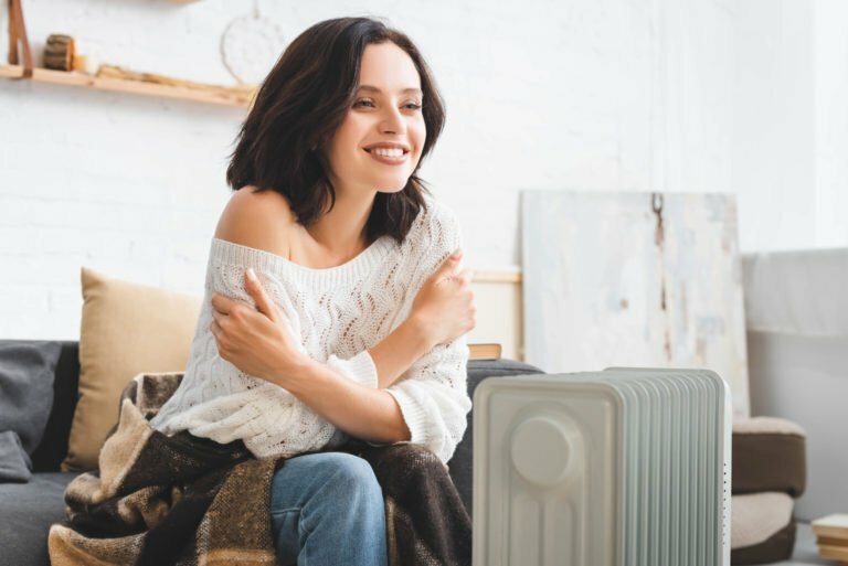 a woman sitting on a couch