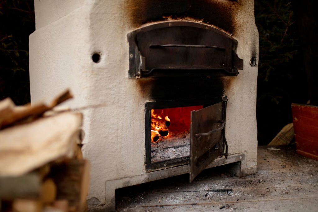 a fireplace with a fire inside