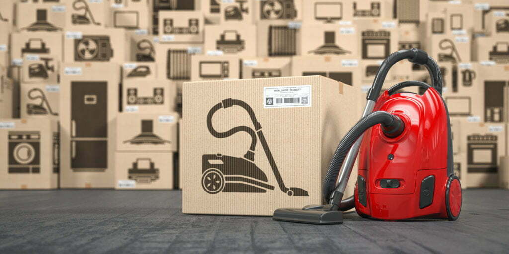 Vacuum cleaner in warehouse with household appliances and kitchen electronics in boxes. Online purchase, shopping and delivery concept. 3d illustration