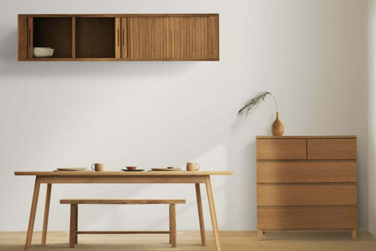 Wooden furniture in minimal dining room interior design