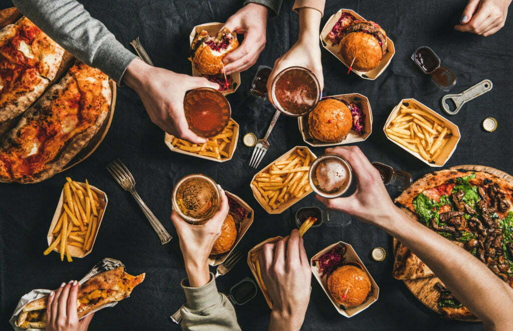 Family lockdown fast-food dinner from delivery service at home