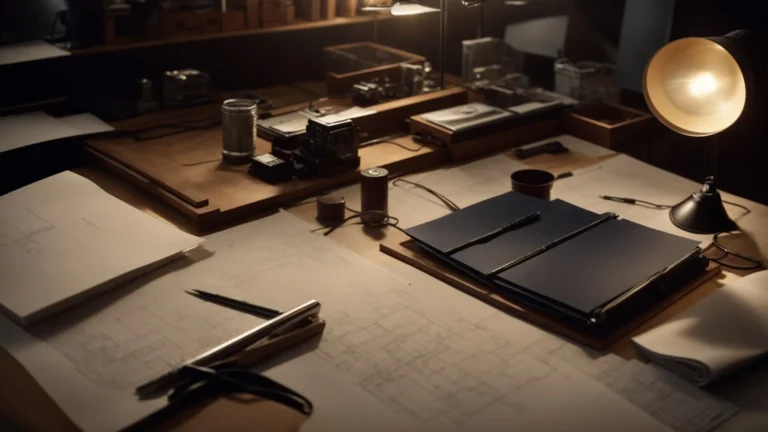 a drafting table with various architectural tools, a rolled blueprint, and a 3d building model, illuminated by a desk lamp in a dimly lit studio.