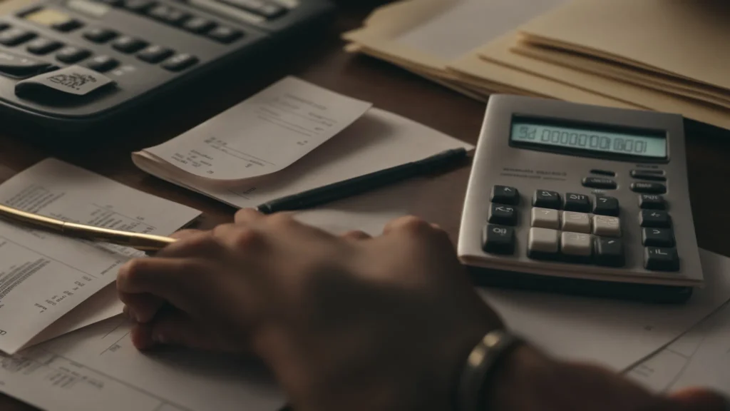 a person seated at a desk with a calculator and a stack of tax documents.