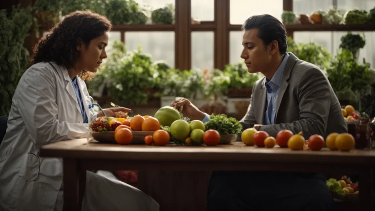 a doctor and patient discussing health concerns over a table filled with fruits, vegetables, and herbs.