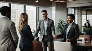 a confident business professional shakes hands with a thought leadership agency team in a modern office.