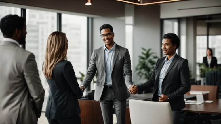 a confident business professional shakes hands with a thought leadership agency team in a modern office.