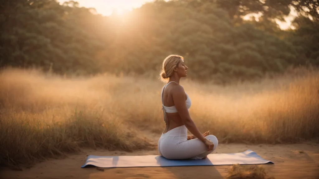 a woman over 40 practices yoga at sunrise, radiating strength and tranquility.