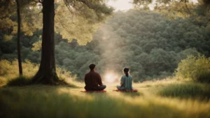 a couple meditates side-by-side in a serene outdoor setting, surrounded by nature.