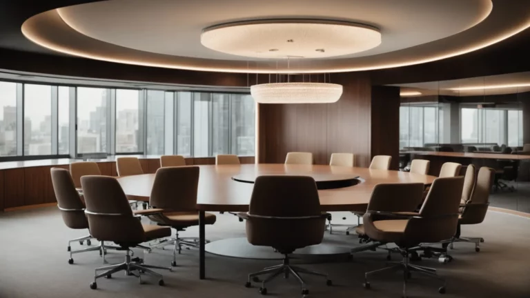a sleek conference room with a large round table, surrounded by empty, modern chairs, indicating a space where business owners make strategic decisions.