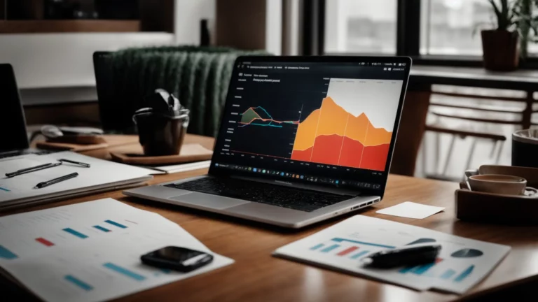 a laptop with graphs and charts on the screen, resting on a wooden desk surrounded by marketing strategy papers.