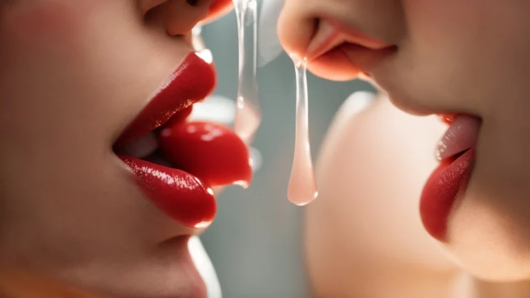 a close-up view of a couple's lips nearly touching, with a visible sheen suggesting the use of an edible product.