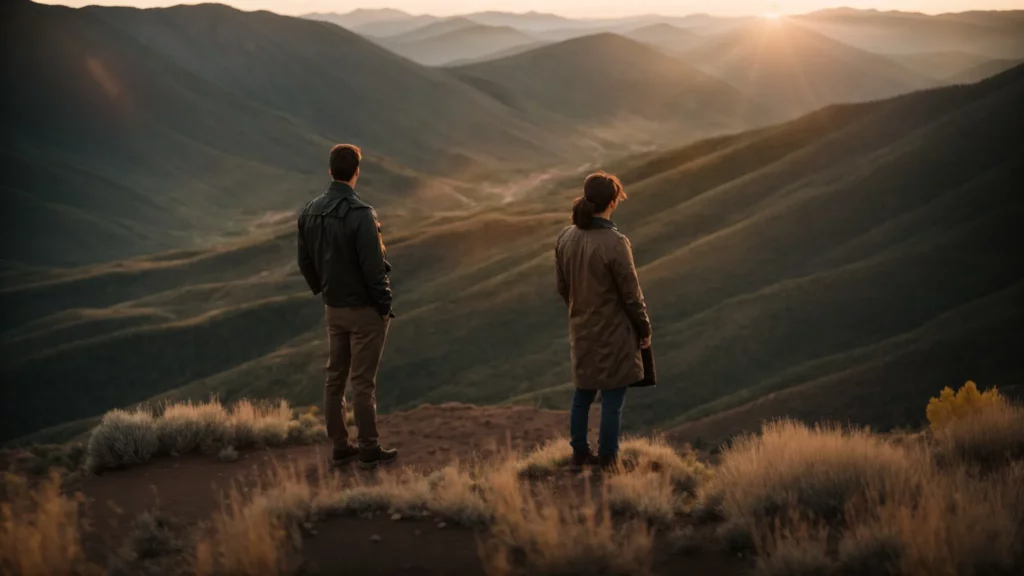 a couple is standing side by side, looking out over a colorado mountain landscape at sunset.