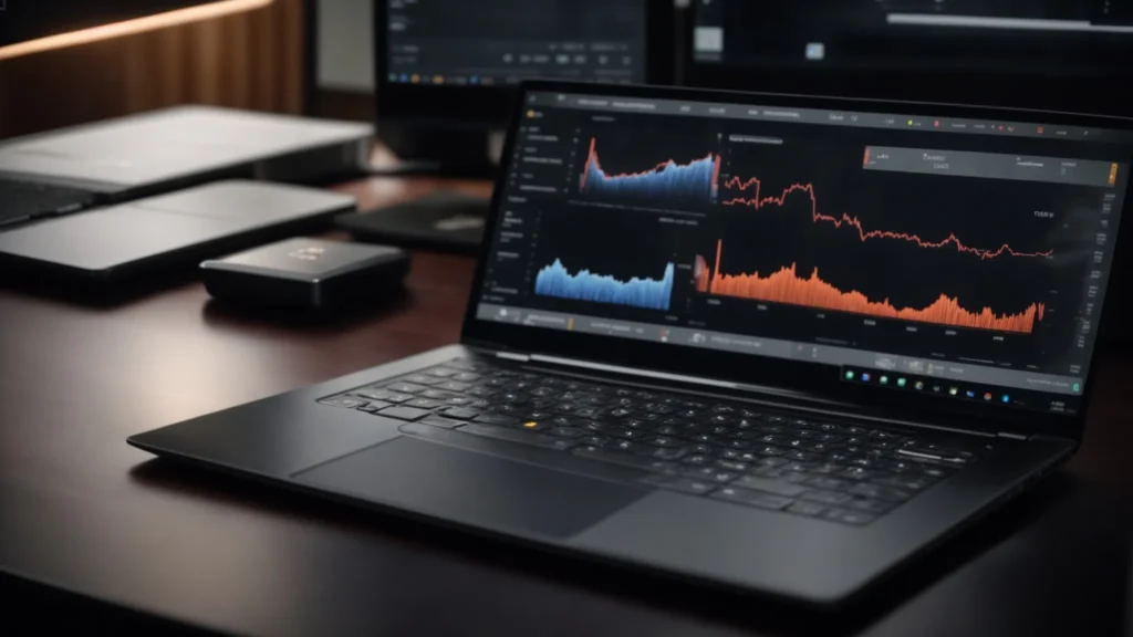 two laptops placed side by side, each displaying graphs and analytics software interfaces on their screens.