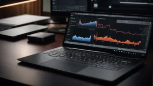 two laptops placed side by side, each displaying graphs and analytics software interfaces on their screens.