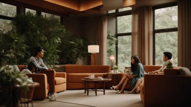 two people are engaged in an earnest conversation within the tranquil setting of a therapist's office, filled with comforting furnishings and soft lighting.