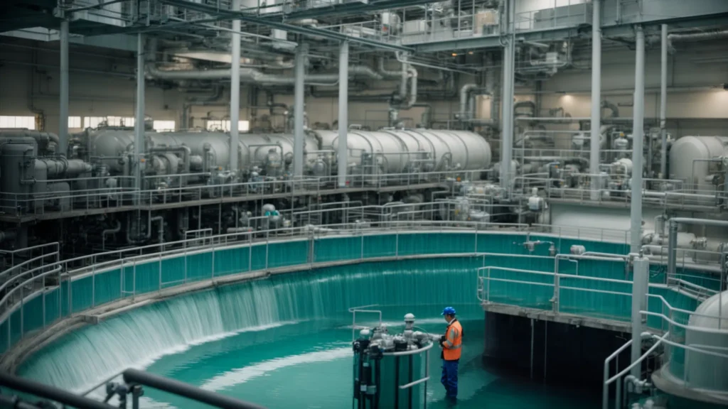 technicians monitoring large filtration systems in a water treatment facility to uphold water purity and safety standards.