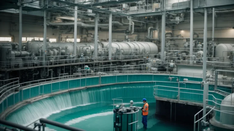 technicians monitoring large filtration systems in a water treatment facility to uphold water purity and safety standards.