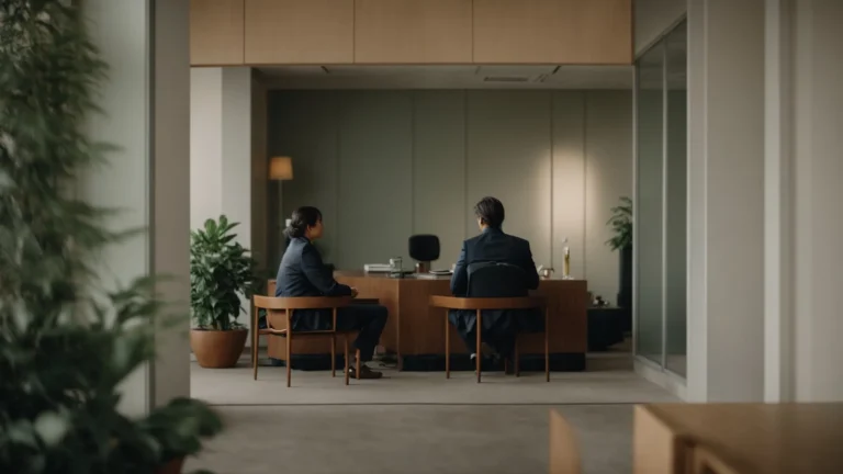 a person sitting across from a therapist in a calm, inviting office space, both engaged in conversation.