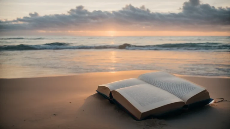 a person sits cross-legged on a peaceful beach at sunrise, deeply engrossed in reading a thick book.