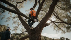 a professional in safety gear skillfully uses a chainsaw to trim a large, unwieldy branch from a tree, enhancing the tree's shape and surrounding area's safety.