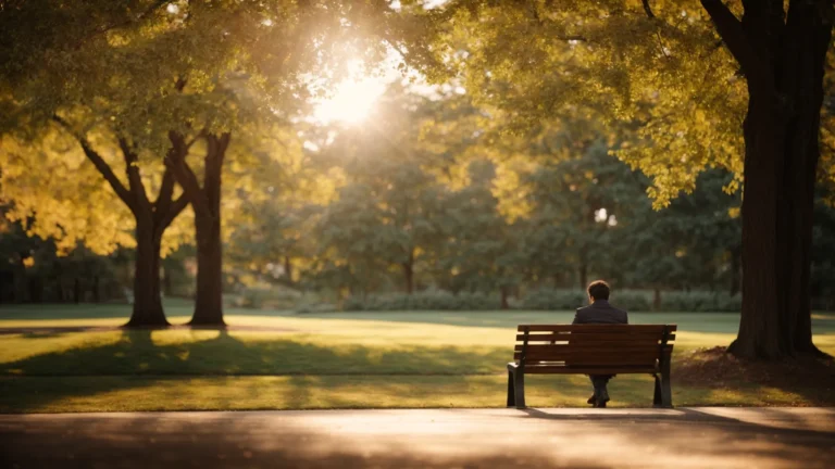 a person sits peacefully on a bench in a serene, sunlit park, deeply engrossed in a comforting conversation with a therapist.