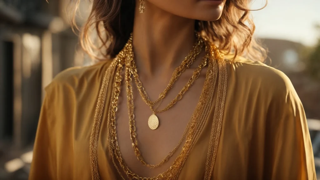 a golden chain necklace gracefully drapes around the neck of a woman dressed in casual elegance, her gaze serene and confident.