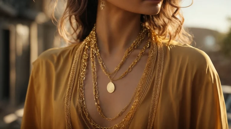 a golden chain necklace gracefully drapes around the neck of a woman dressed in casual elegance, her gaze serene and confident.