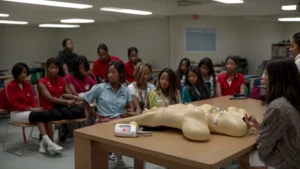 a person is demonstrating the use of an automated external defibrillator (aed) on a mannequin to a group of attentive students in a classroom.