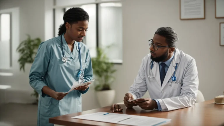 a doctor is discussing a chart with a patient in a bright, welcoming consultation room.