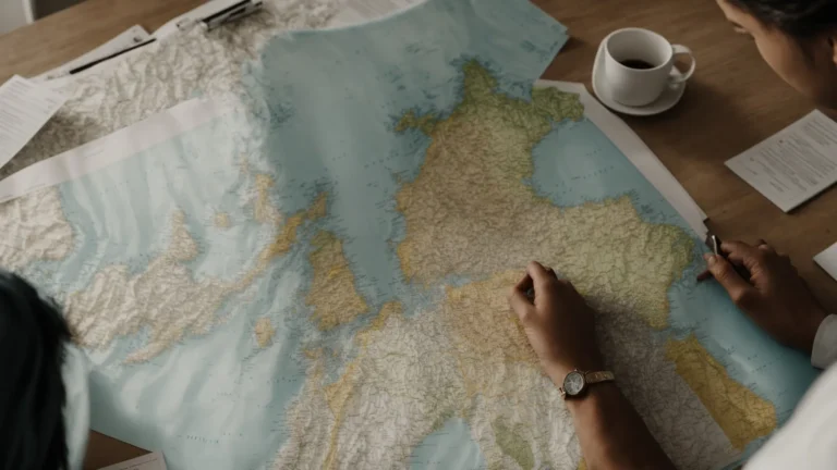 a person sits at a desk with a laptop, papers, and a map of portugal spread out in front of them.