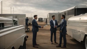 two entrepreneurs shake hands with a trailer manufacturer against a backdrop of newly constructed trailers.