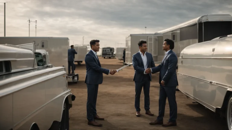 two entrepreneurs shake hands with a trailer manufacturer against a backdrop of newly constructed trailers.