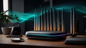 a sleek, modern wifi router with multiple antennas emitting glowing waves to signify powerful 5g connectivity spreads across a contemporary home office setup.