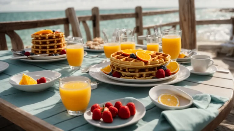 a table is set by the ocean with plates full of waffles, fruits, and glasses of orange juice, ready for a seaside brunch.