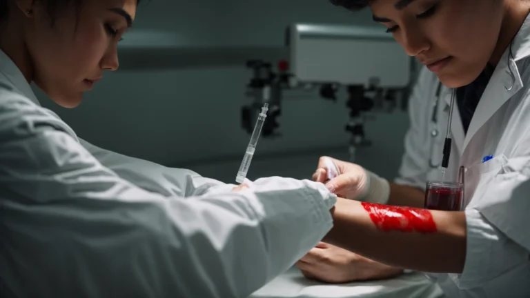 a medical professional draws blood from a patient's arm using a syringe in a clinical setting.