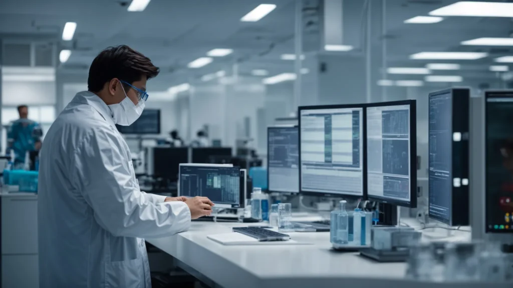 in a research facility, scientists wearing white lab coats are intently observing data on computer screens and adjusting equipment within a sanitized laboratory environment.