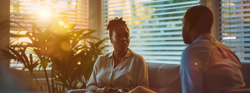 a professional therapist engaged in therapy session with a client, anchored in empowerment and support.