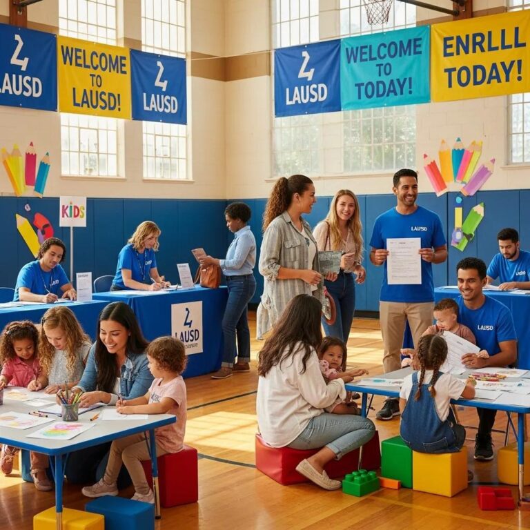 Parents and children engaging in the LAUSD enrollment process in a welcoming school environment