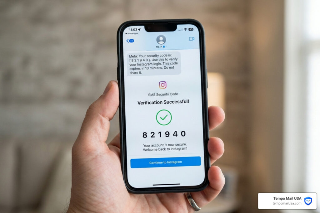 Mobile phone displaying a successful verification code from a social media platform - tempomailusa.com vs temp-mail.org