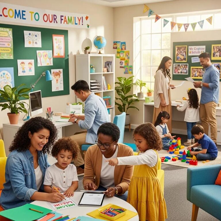 Parents and children engaging in the LAUSD school enrollment process in a welcoming school office